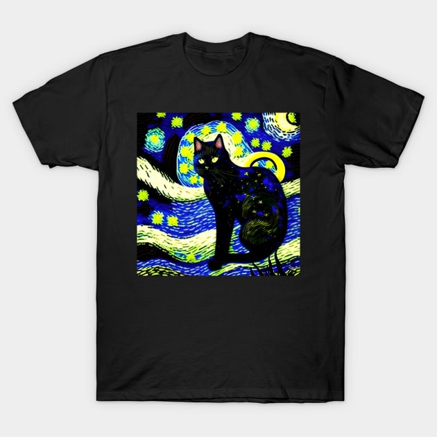 Black Cat Starry Night T-Shirt by AI Created Artwork